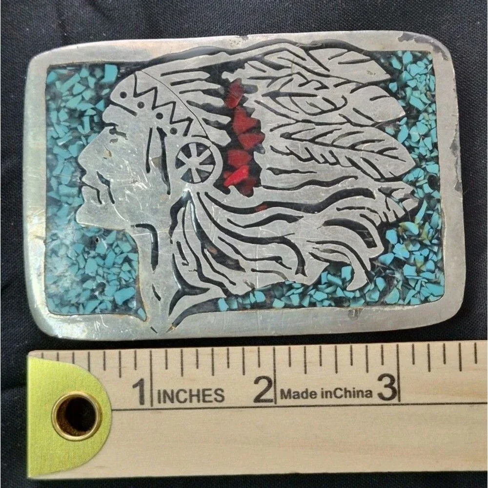 Vtg Rare Mid Century Native American Chief Belt Buckle Silver Toned Turquoise
